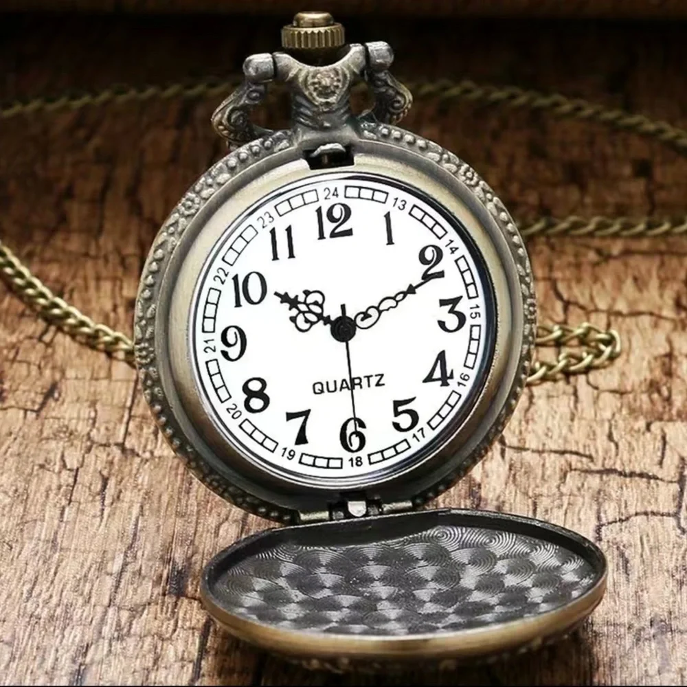 Pocket Watch Bronze Plant Leaf Long Chain Quartz Analog Retro with Gift Pouch